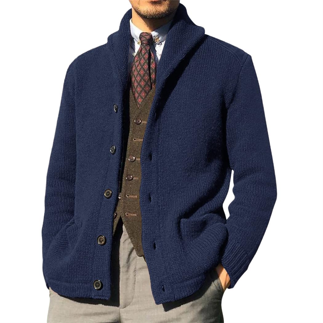 Wekumgy Mens Shawl Collar Cardigan Sweater Button Down Ribbed Knit Sweaters Chunky Casual Cardigan with Pockets Navy