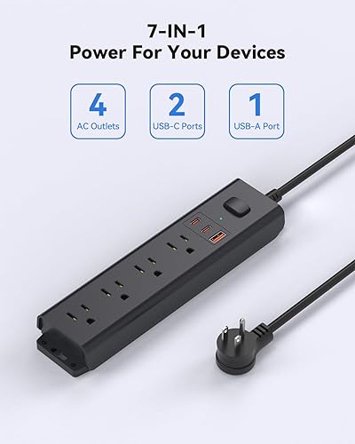 Miniatura 3 de Regleta de protección contra sobretensiones con USB PD de 20 W, tira de toma de corriente montable con 4 salidas de CA y 3 puertos USB de carga