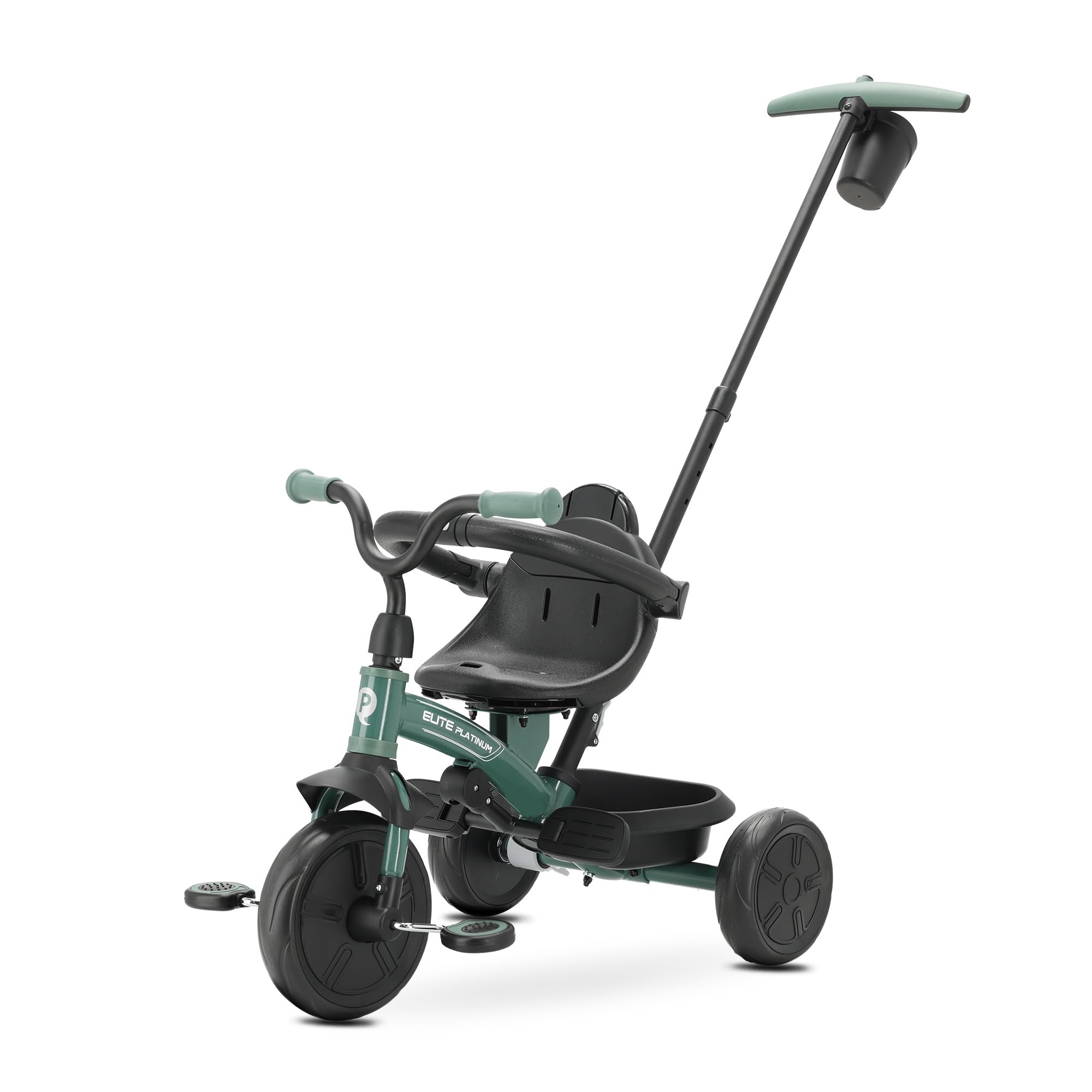 Triciclo Evolutivo QPLAY Elite Platinum 6 in 1 con sedile girevole a 360°, per bambini da 10 a 36 mesi, Maniglione direzionale, Capottina XL, Poggiapiedi e cestino (Verde)