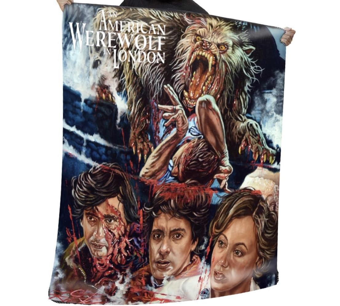 Wild Star Hearts Multicolored American Werewolf In London Fleece Blanket, Goth Occult Home Decor, Gothic Bed Throw, Dark Fantasy Art By Rick Melton, 58 X 58 Inches