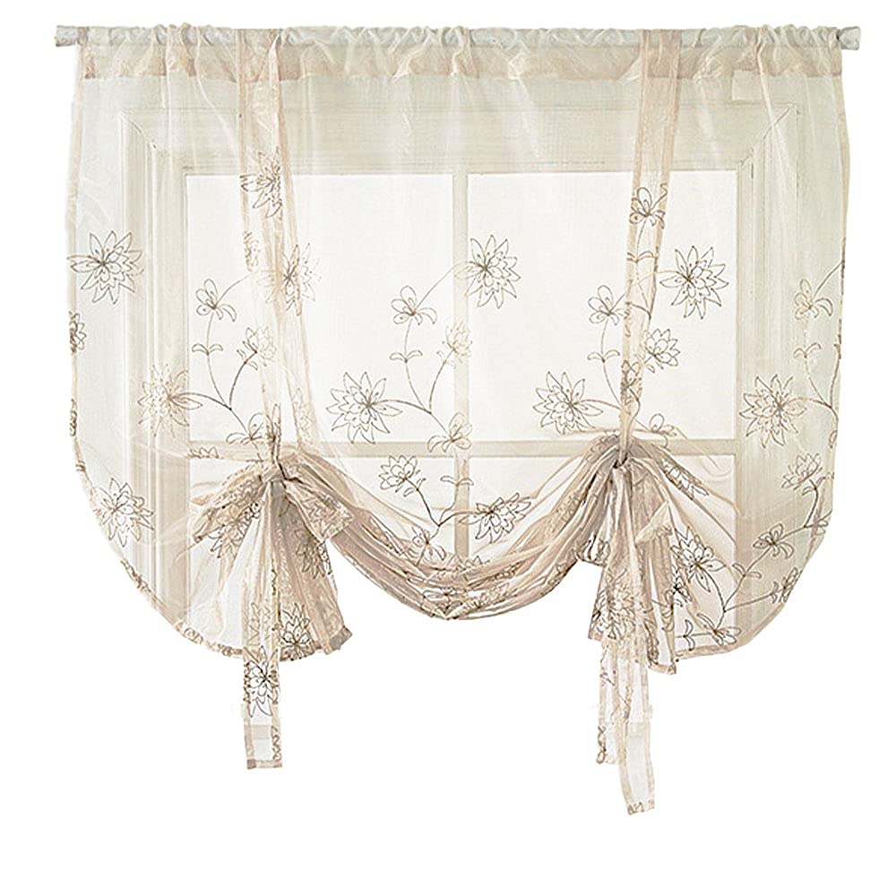 ANCLLO Embroidered Sheer Curtains for Living Room Long flower Embroidery Voile Window Curtains Rod Pocket Bedroom Window Treatment Beige