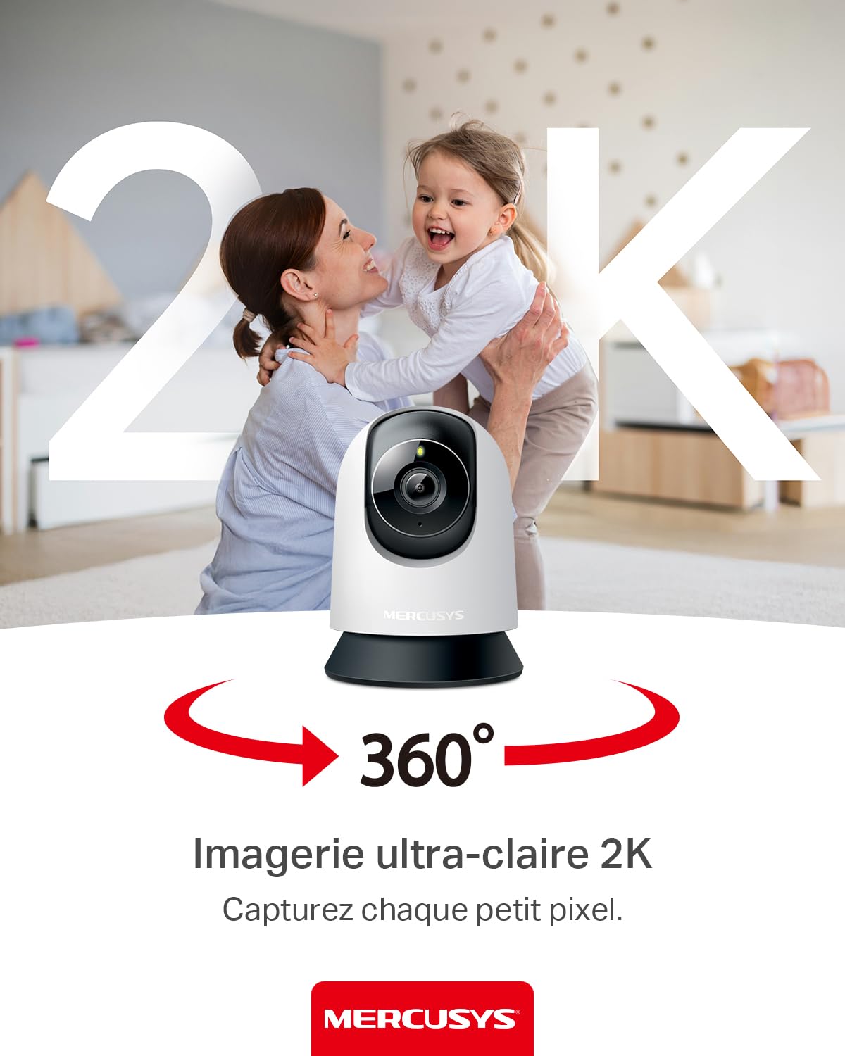 MERCUSYS Caméra Surveillance WiFi intérieure 360° 2K, Vision Nocturne, Notifications en Temps réel, Détection de Personne, Suivi de Mouvement, Télécommande, Compatible avec Alexa, MC210