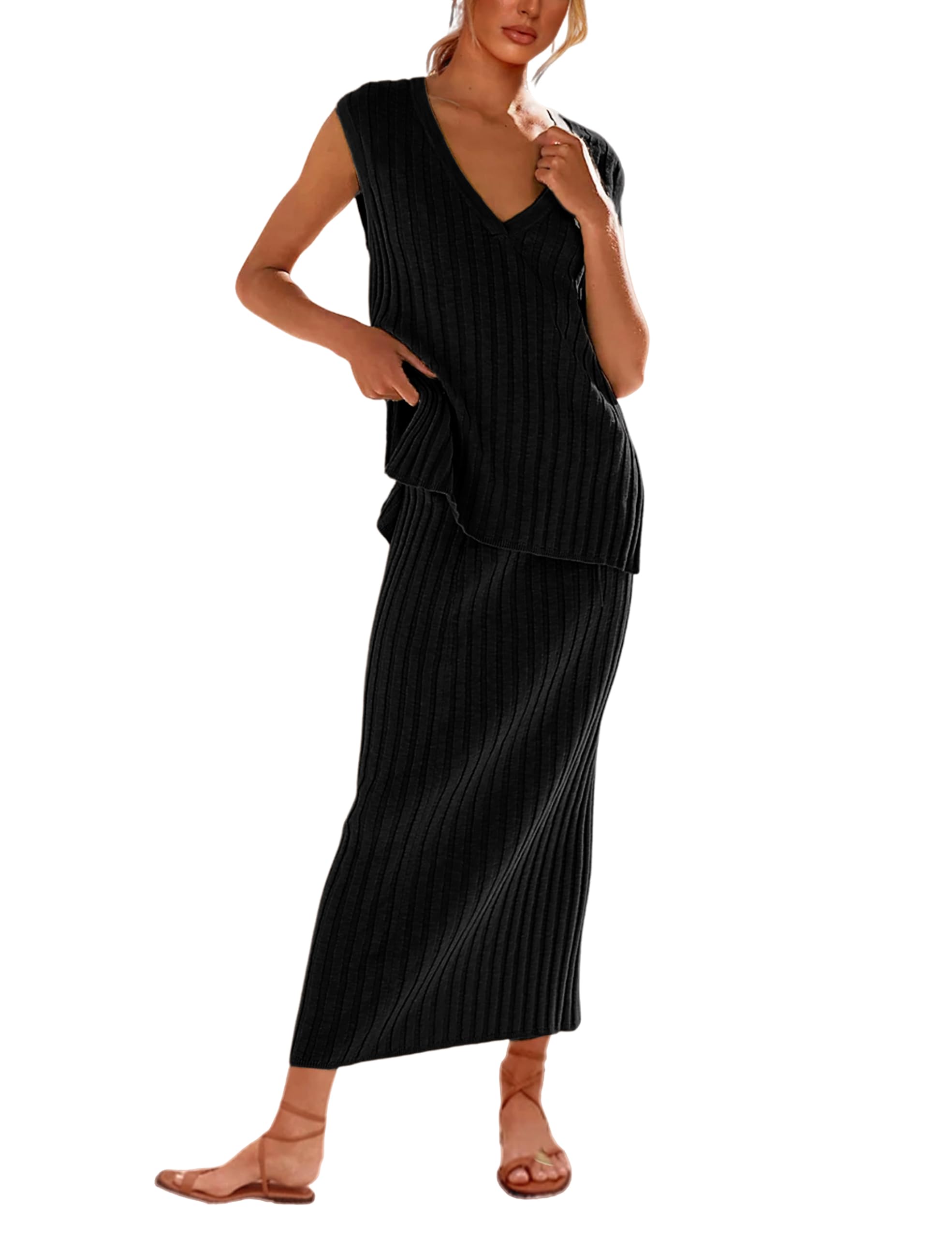 SCUSTY Women's 2 Piece Sweater Skirt Sets Sleeveless V Neck Knit Ribbed Vest Tops Midi Skirt