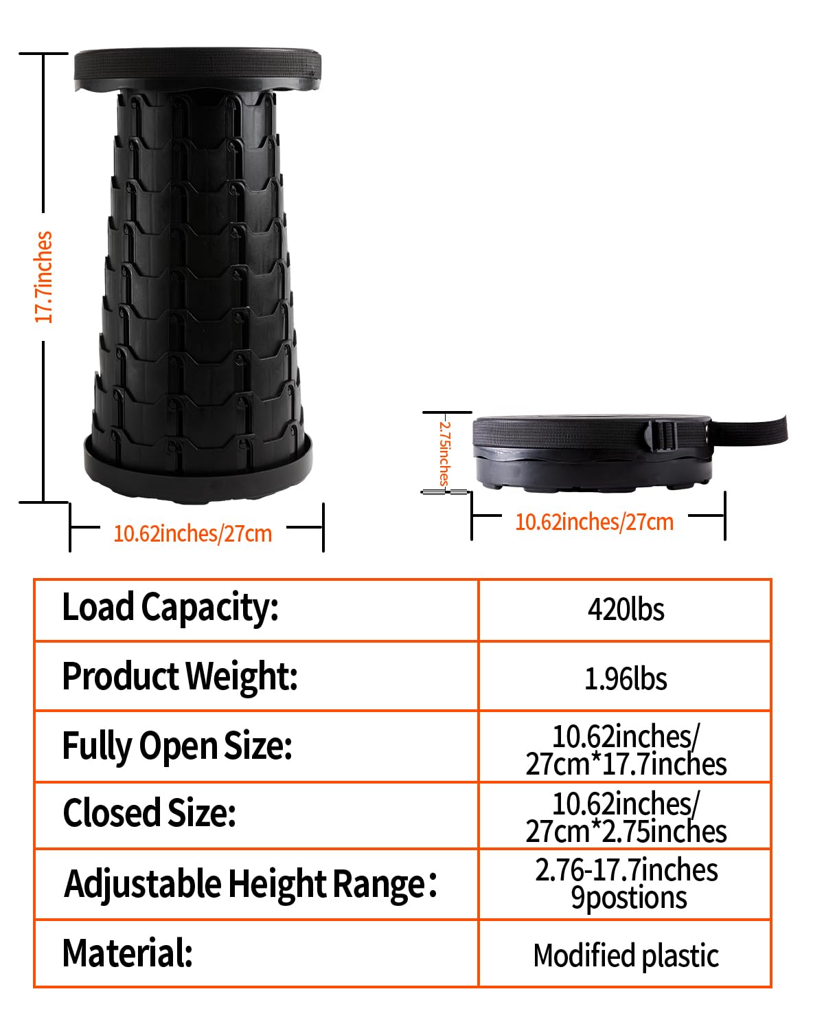 usouioo Upgraded Camping Folding Stool with Carrying Straps Lightweight Yet More Sturdy with Load Capacity 450lbs Portable Collapsible Retractable Stool for Camping Fishing Hiking BBQ (Black