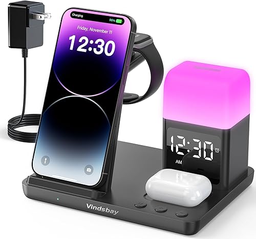 Estación de carga inalámbrica con 8 colores de luz reloj regulable y luz para dormitorio, base de carga 5 en 1 para dispositivos Apple, para iPhone