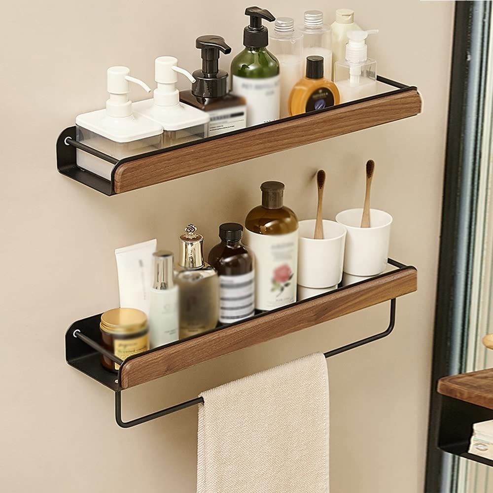 Mensola per Doccia, Mensola da Bagno in Noce, Mensola Organizer, Mensole Sospese, Mensola Rettangolare a Parete, Multifunzionale, Bagni, Cucine, Camera da Letto, con Portasciugamani, Portaogg