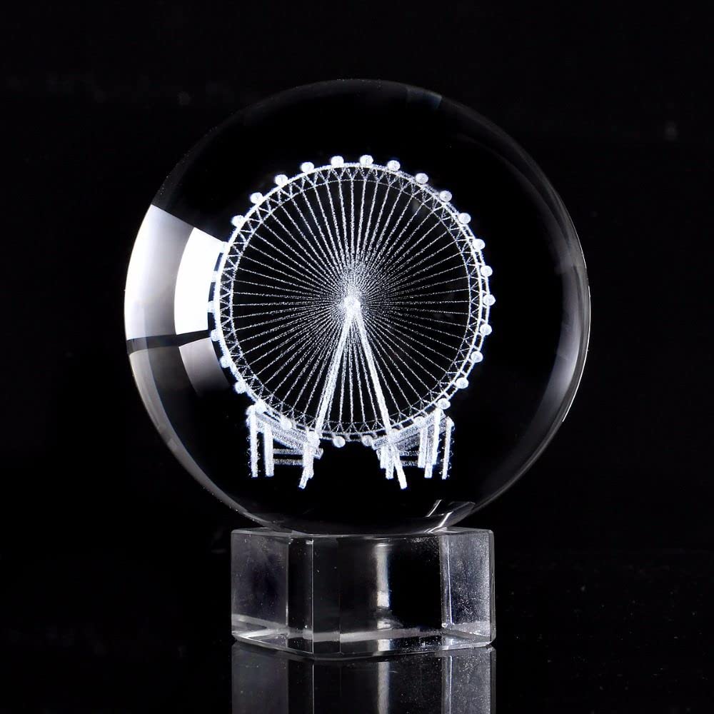 60/80mm 3D grawerowany diabelski młyn kryształowa kula 3D miniaturowy model kula szklana kula Ornament akcesoria do dekoracji domu prezenty, z kryształową podstawą, 80mm