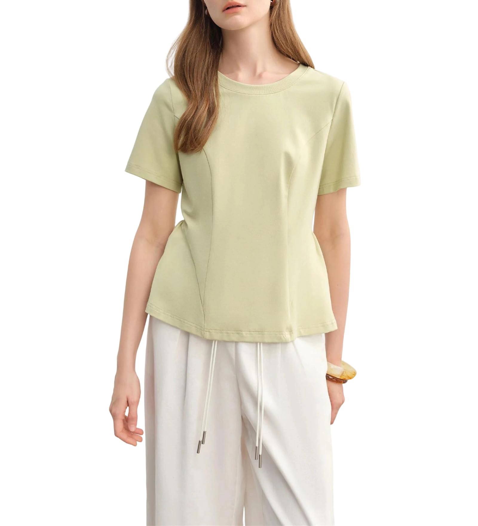 Tees da donna Solido O-Collo Manica Corta Pieghe Orlo Curvo Camicette di Cotone Casual Allentato Primavera Plus Size Top