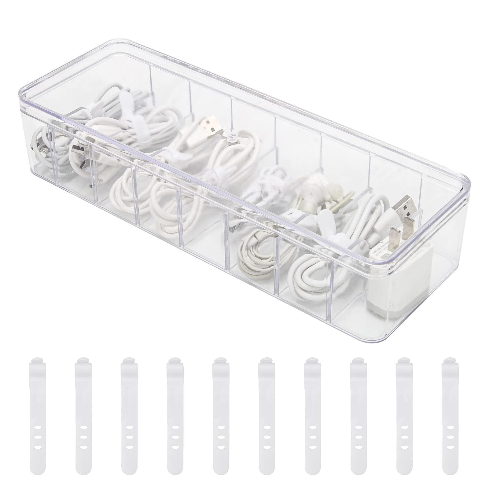 Cable Organizer Storage Box Plastic Cable Cord Management Box Power Cord Organizer Case with 10Pcs Rubber Ties for Office, Home, Desk Accessories Storage Stationery Supplies