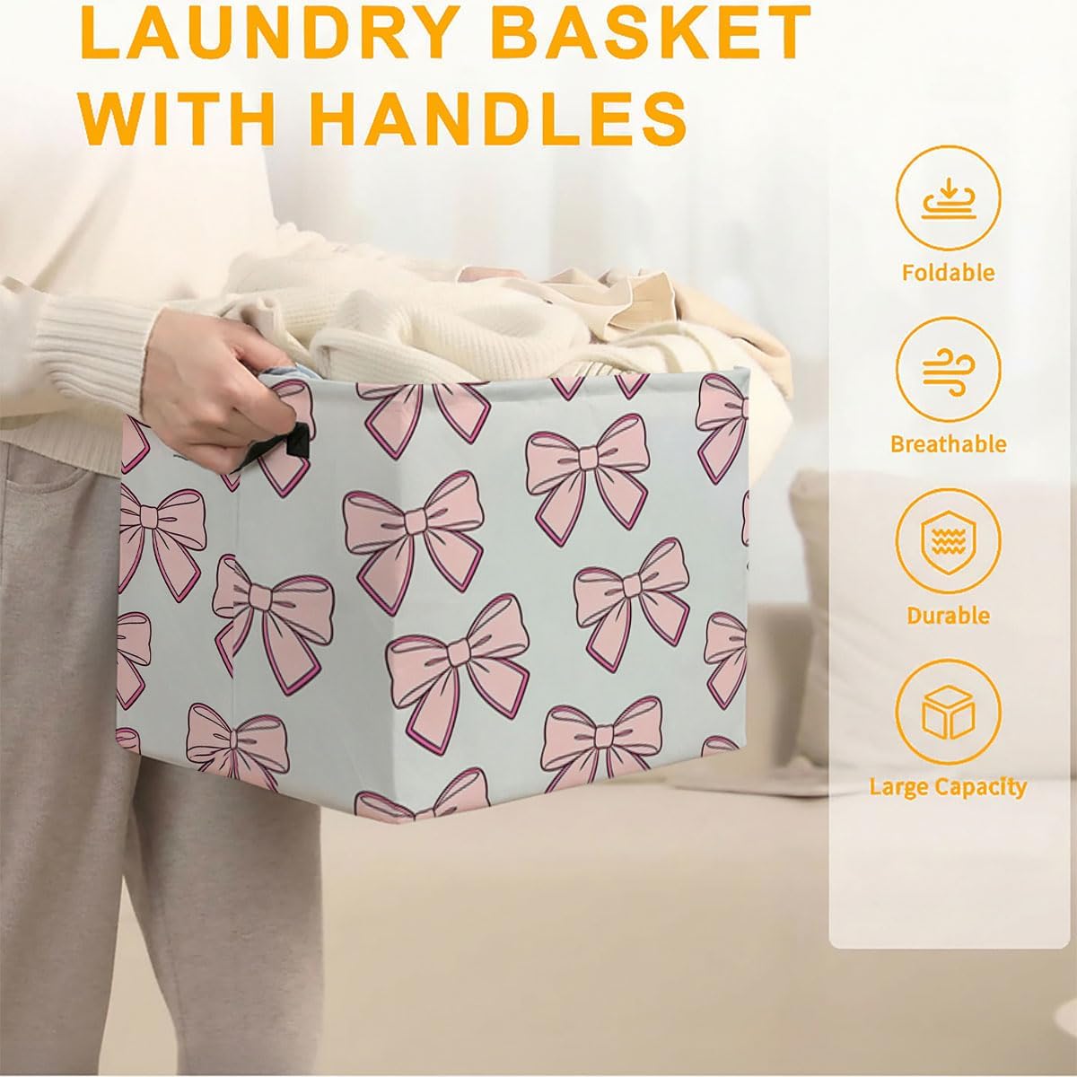Gray Bow Foldable Laundry Basket Hamper with Handles, 56L Large Capacity Toy Storage Organizer, Collapsible Clothes Hamper for Home Decor and Bedroom Organization. image 3
