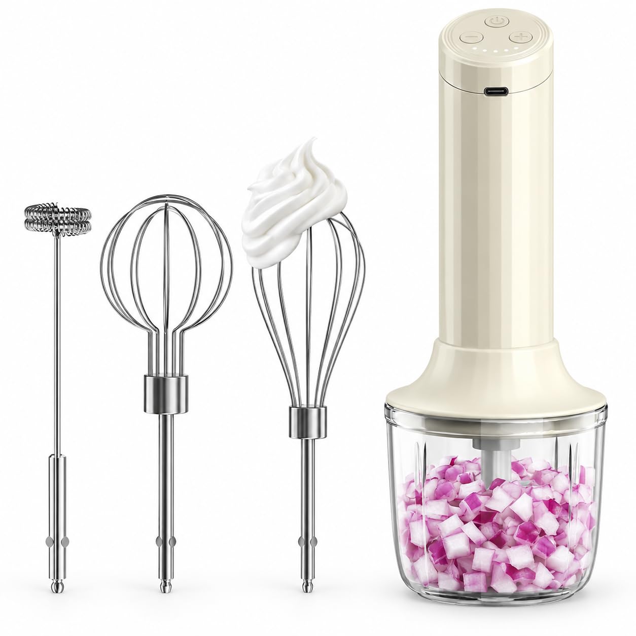 Cordless Hand Mixer, 4-in-1 Handheld Electric Mixer with Electric Whisk Frother &amp; 10 oz Mini Food Chopper, USB-C Rechargeable 4-Speed Hand Mixer for Eggs, Cream, Coffee &amp; Small-Batch Prep