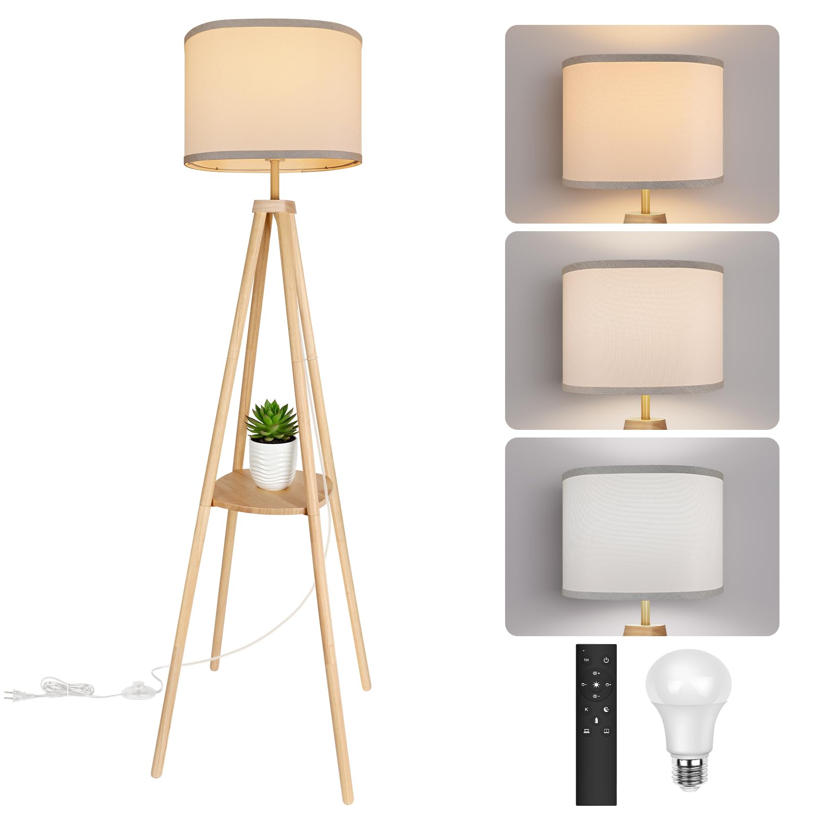 YooShine Stehlampe Wohnzimmer mit Regal Stehlampe Dimmbar 2700K-6500K Holzgestell mit Ablagefläche und Fernbedienung Stehleuchte für Wohnzimmer Schlafzimmer Büro Holz