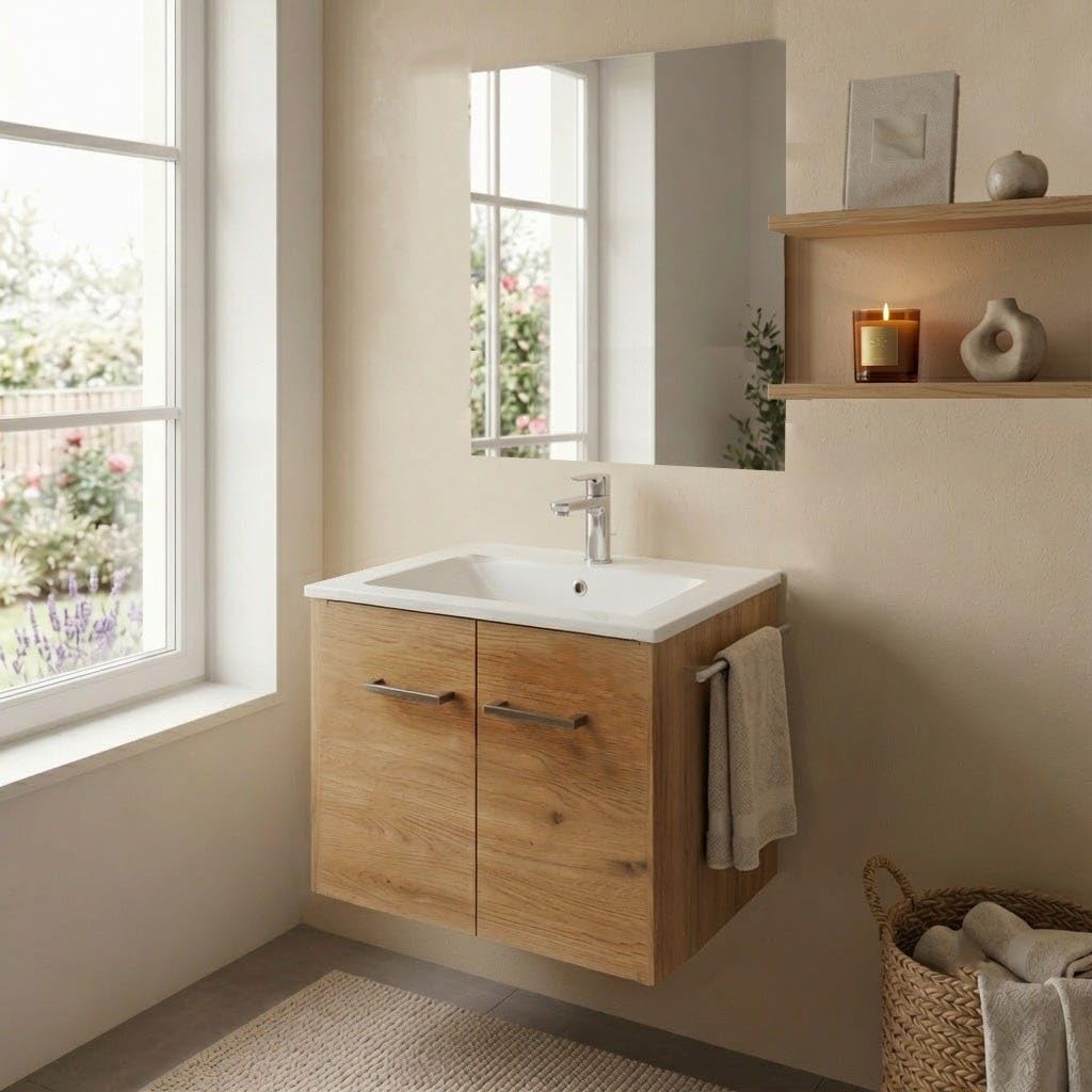 Kiamami Valentina - Mobile Bagno Sospeso Rovere Artisan 60 cm con Lavabo in Ceramica, Specchio 60x80 e Lampada, 2 Ante, Profondità 36 cm, Da assemblare.