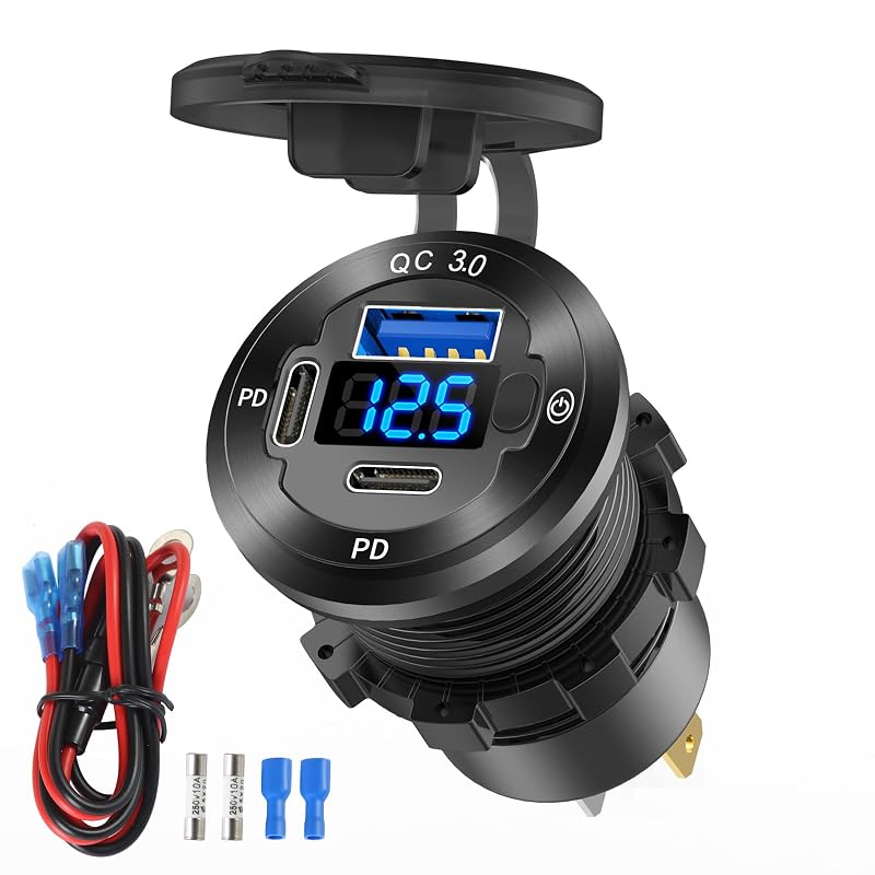 Tomada USB automotiva 12 V TIANWIDJEW com 3 portas, carregamento PD 30 W, QC3.0, voltímetro e botão, 78 W