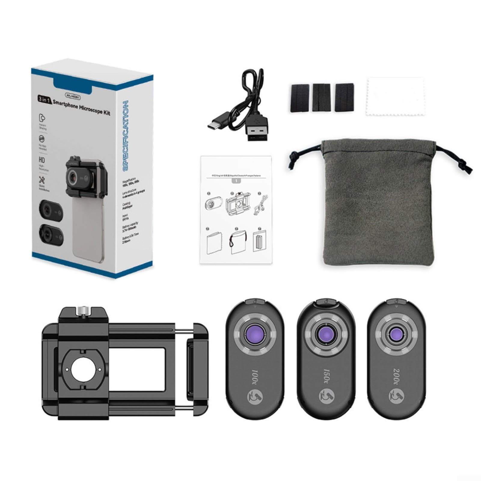 Lente del microscopio del teléfono móvil 200x con la luz UV del LED, aluminio 3-Mag Clip-On Macro para la inspección de reliquias de la joyería Negro