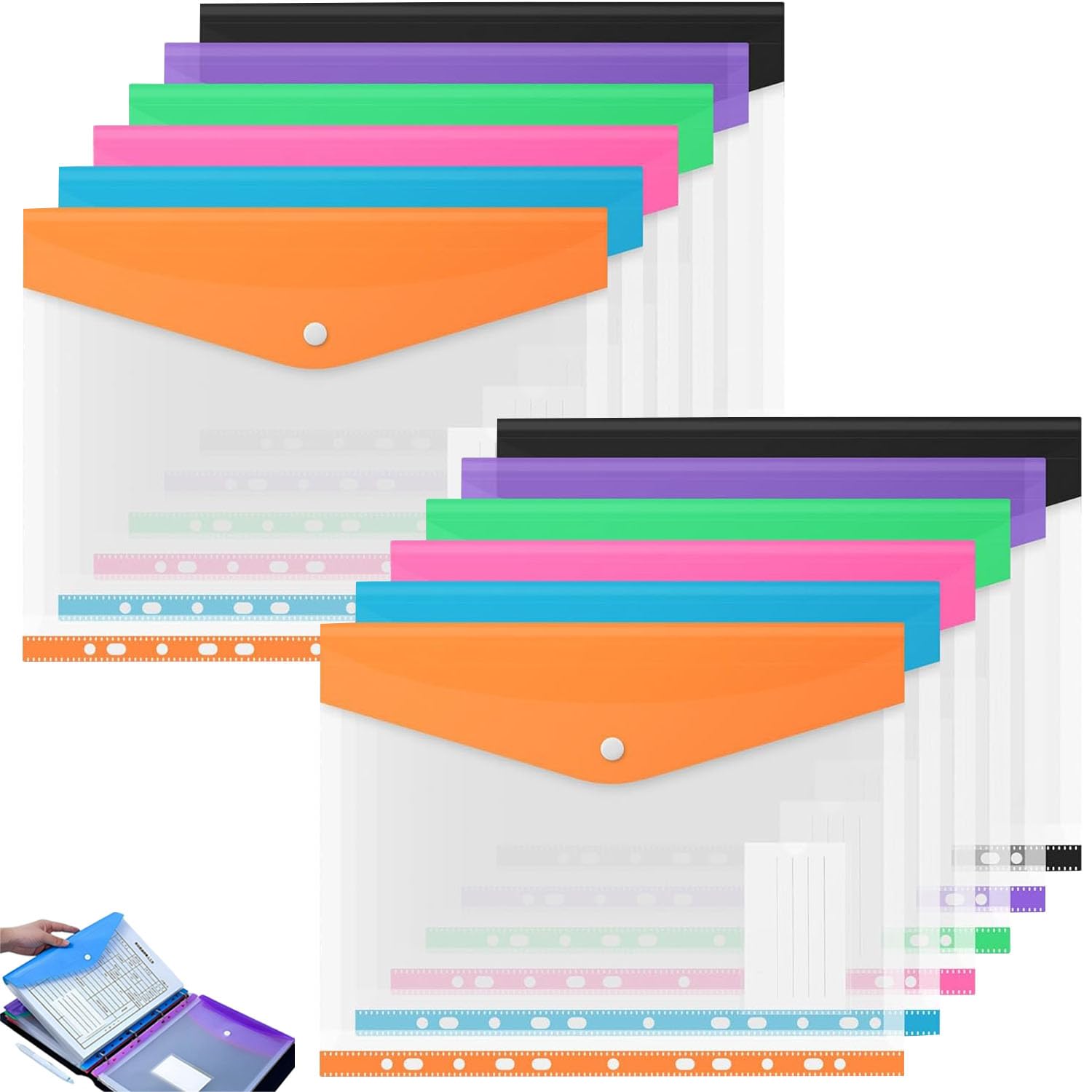 Plastic Wallets A4,Punched Pockets A4,12 Pack Plastic Folders,Expandable Envelope Document Files with Button,Tab Card, for School, Office, Home, Travel (Vertical)