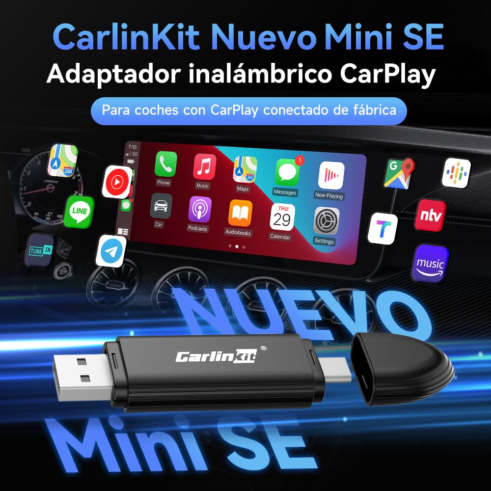 Carlinkit Mini SE Adaptador CarPlay inalámbrico,Adecuado para Coches con función carplay(año del Modelo: 2017 a 2025),Auto-Connect,CarPlay con Cable a inalámbrico