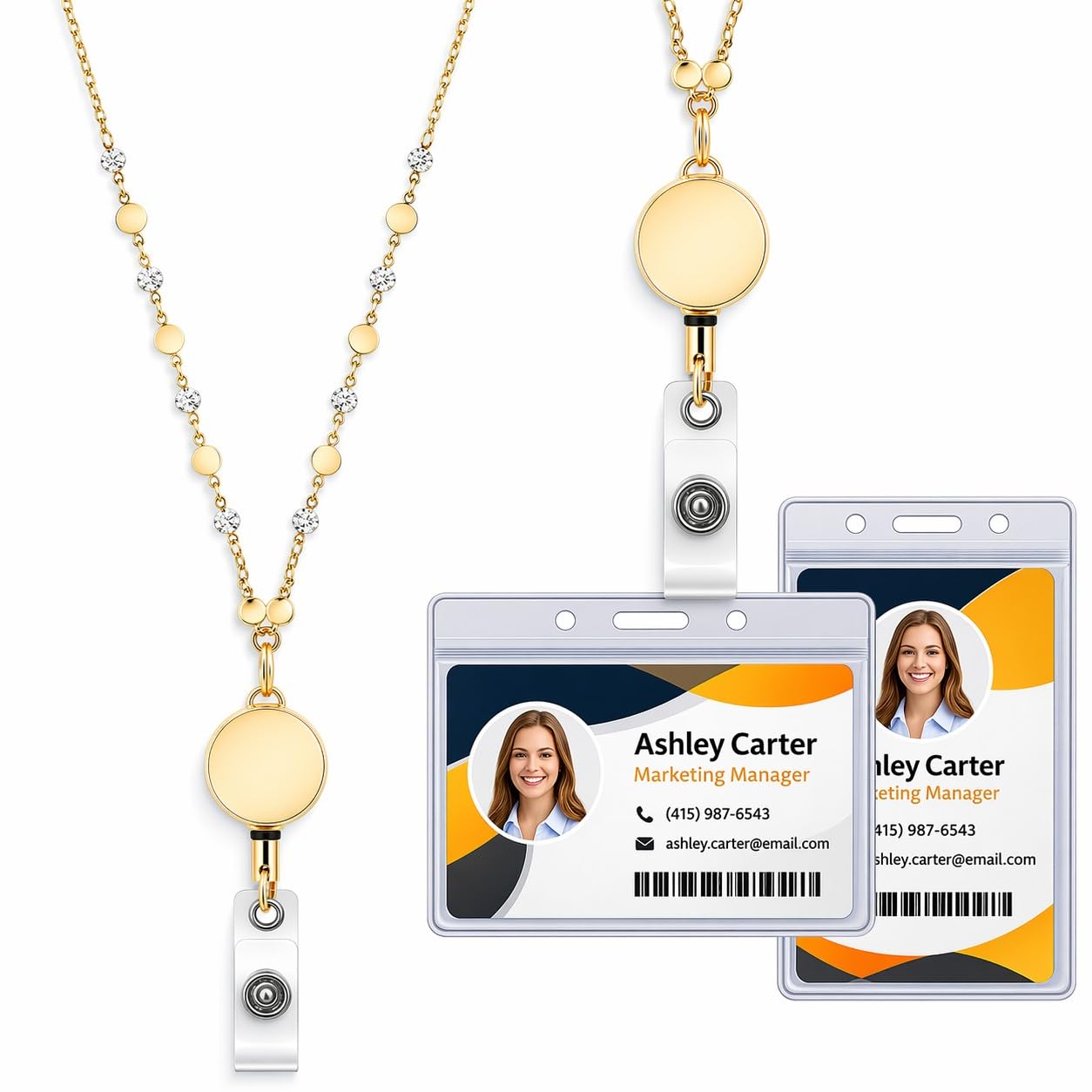 Photo 1 of *** 1 PC *** Gold Plated Retractable Badge Reel Lanyard with 2 Pieces ID Holder for Women, Fashion Chain Lanyard Necklace Name Badge Holder (Gold & Zirconia)