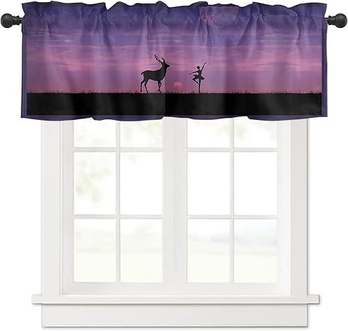 LOVADA Cortinas de cenefa para ventanas de cocina, pastizal, cielo estrellado, morado, silueta de puesta de sol, protección de privacidad, cenefa,