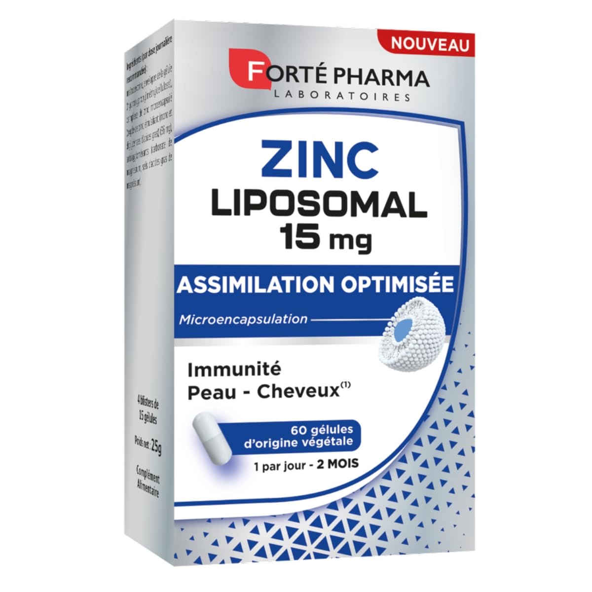 Forté Pharma – Zinc 15mg Liposomal - Complement alimentaire cheveux, defense immuniaite, beauté & ongles - Dosage maximal 150% des VNR*, Assimilation renforcée - 60 gélules, 1/jour