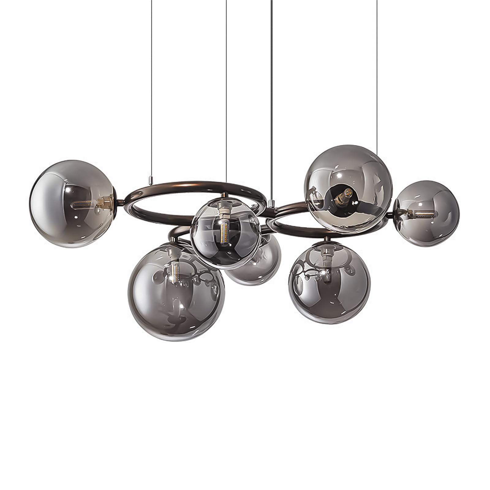 lamp Lampadario in vetro fumé a 7 teste con lampadari anulari a 3 anelli for soffitti alti paralume Magic Bean moderno di metà secolo for sala da pranzo/soggiorno/camera letto/cucina (nero) lampada