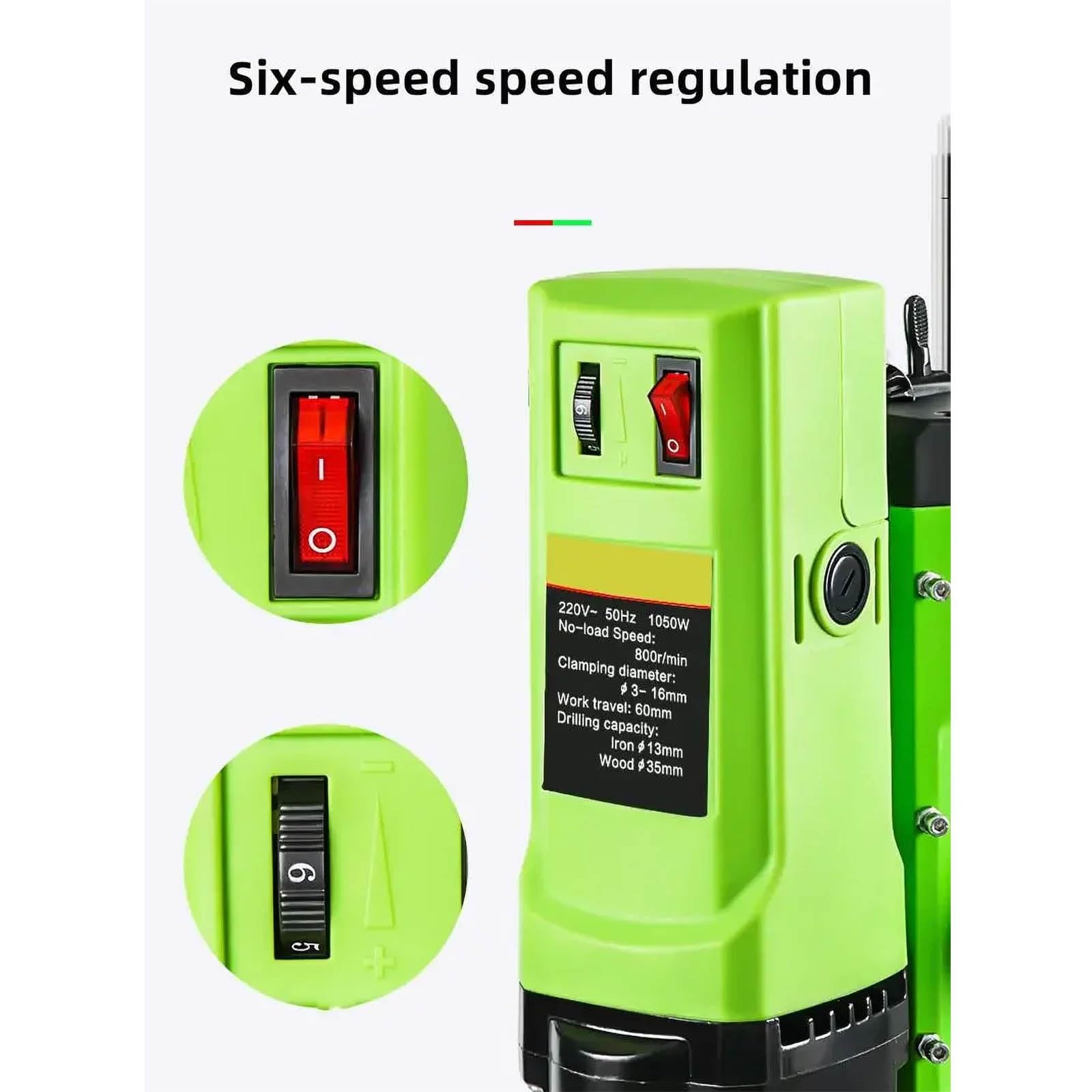 Fresatrice per Trapano da banco, Foratura da banco elettrica 1050 W, Diametro Massimo di Foratura: 16 mm, velocità del mandrino: 0-800 Giri/min, Corsa del mandrino: 60 mm,Green