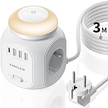 CHICLEW Socket Cube with Light and 3 m Cable, 4-Way Multiple Socket with USB C and A, 8-in-1 Power Strip for Home, Office and Travel