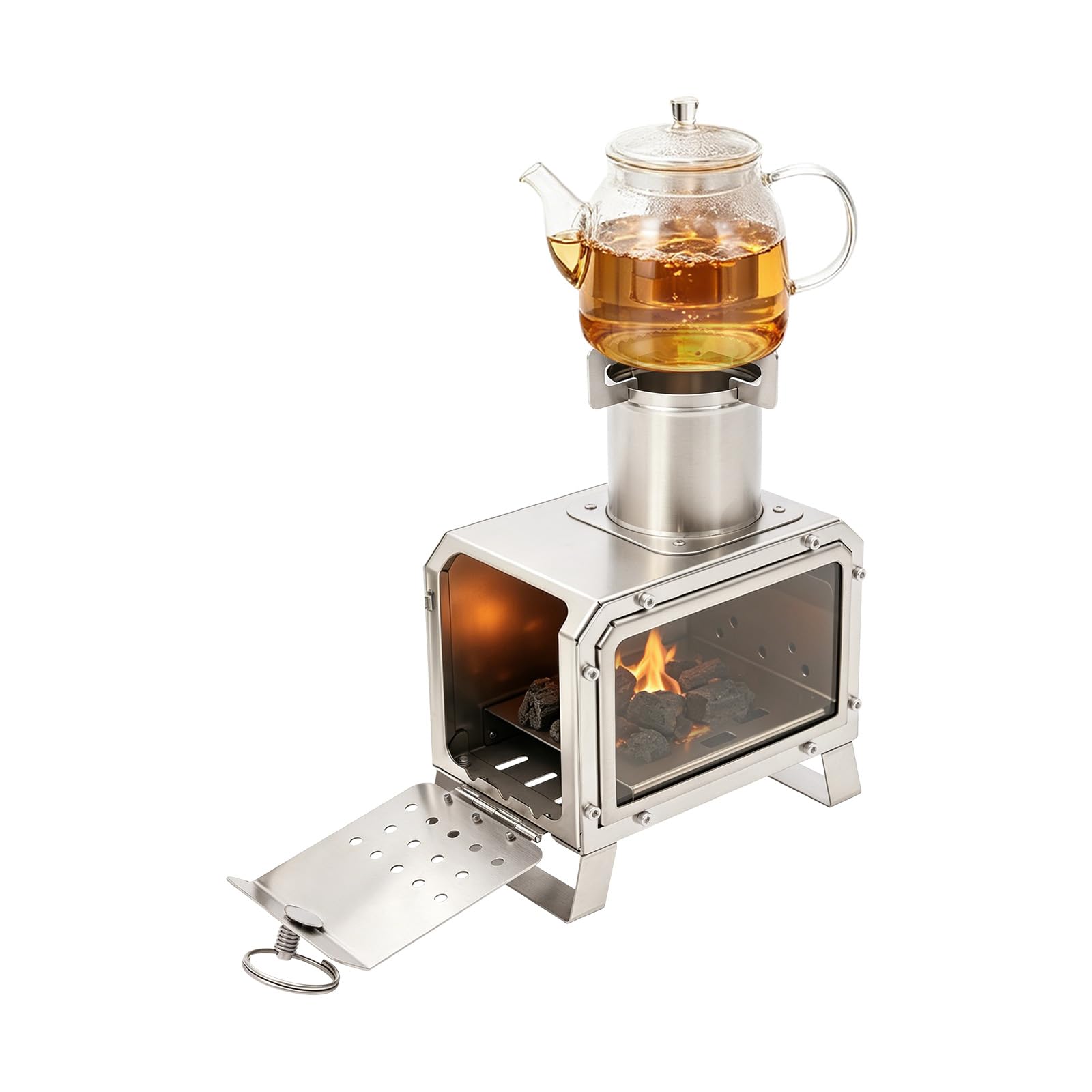 Réchaud Bois Camping Portable, Poêle Inox Avec Vitre Feu Visible, Extérieur
