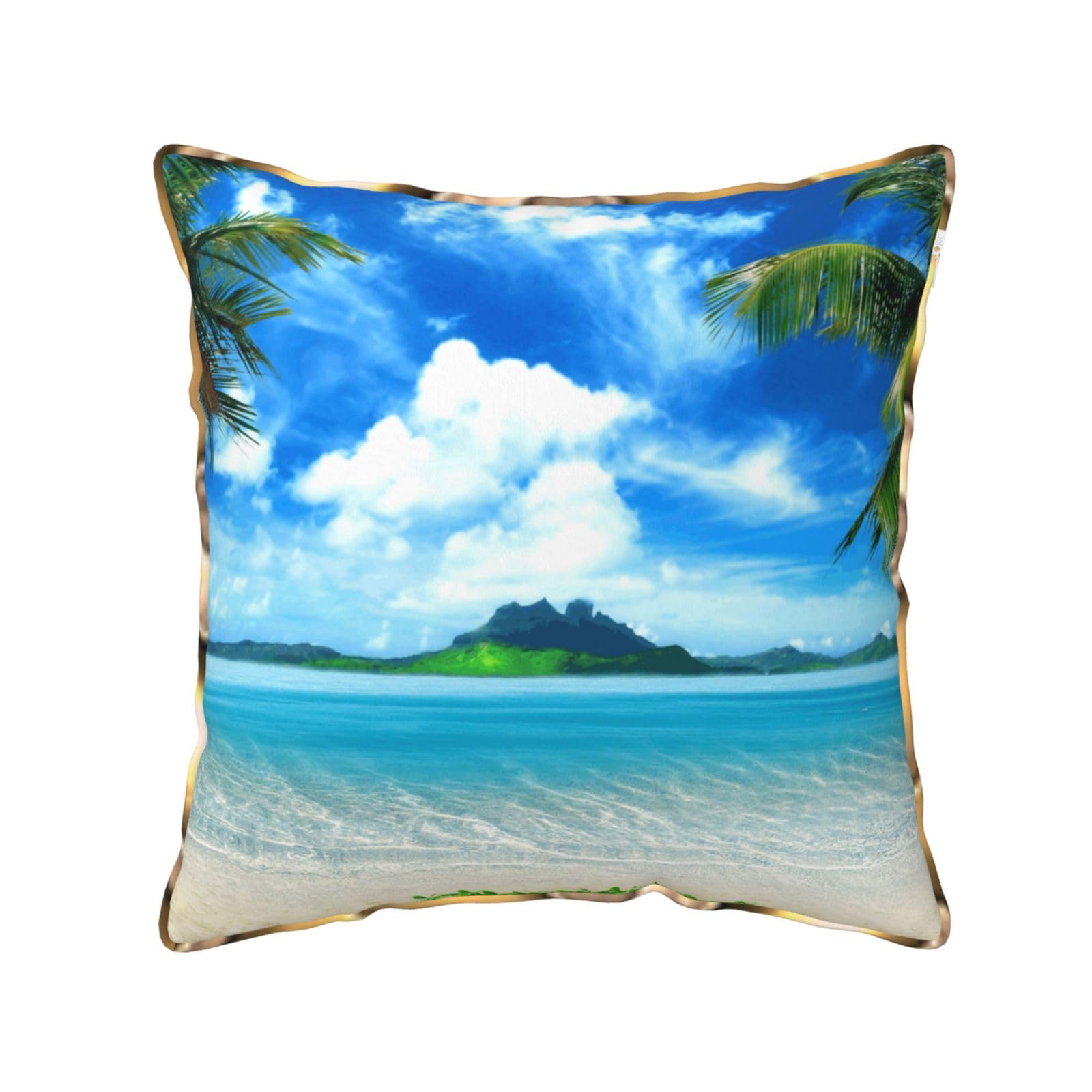 AUBKFELD The Sea Printed Velvet Cushion Cover 45x45 CM with Gold Edging Strip, Square Pillowcase Soft Throw Pillow Covers Case Decorative for Living Room Sofa Couch Bed Bench