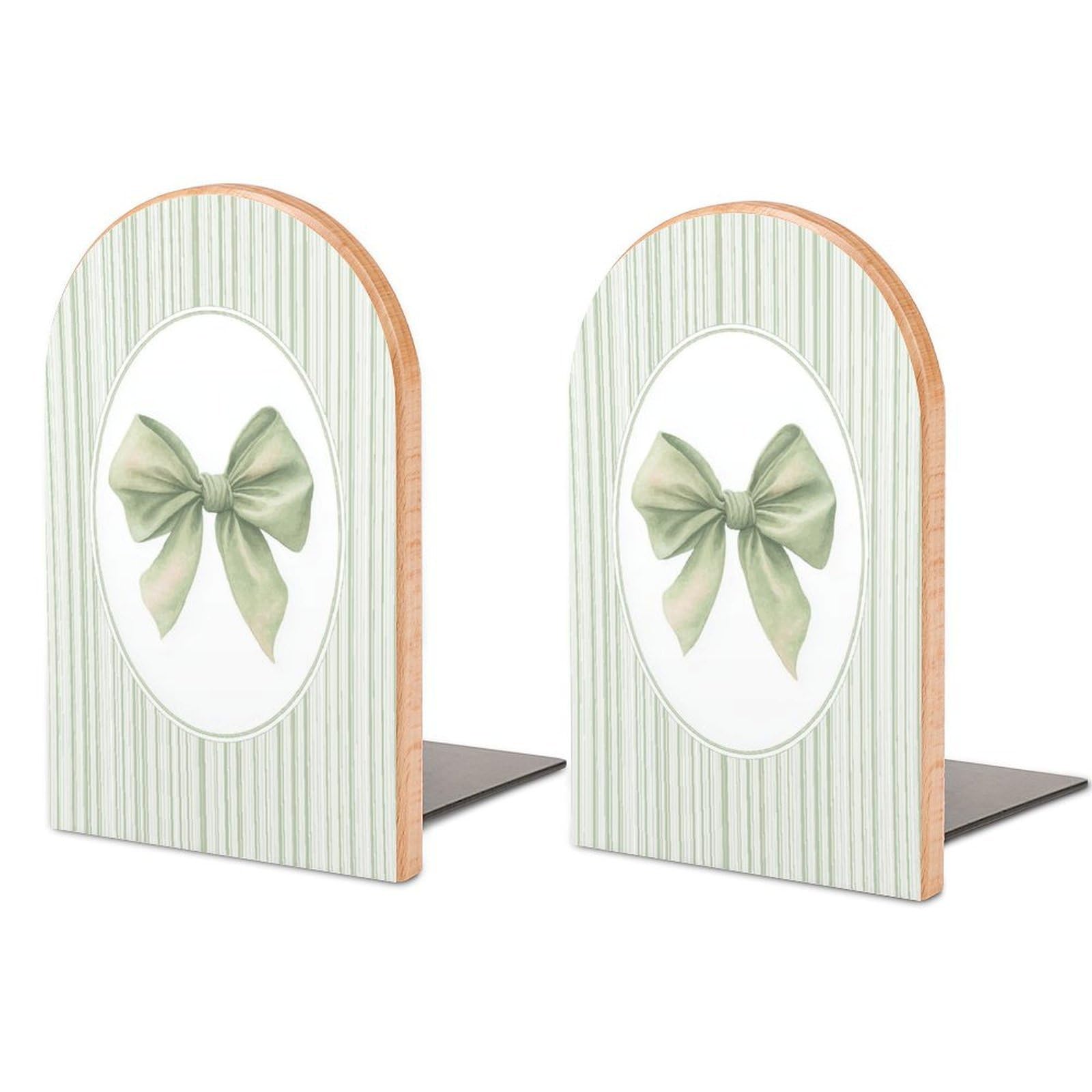 Vertical Sage Green And White Stripes Ribbon Bow Wooden Bookends Shelves 2 PCS Sturdy Book Holders Desktop Organizer for Home Office Libraries