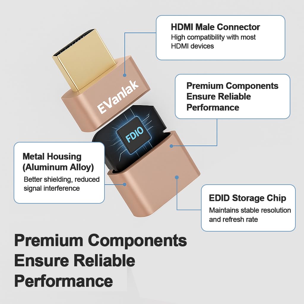 EVanlak Adaptador de emulador HDMI EDID, enchufe simulado, pantalla virtual sin cabeza, paso HDMI 1080P @60Hz a 4K @60Hz, bidireccional, dorado -1P