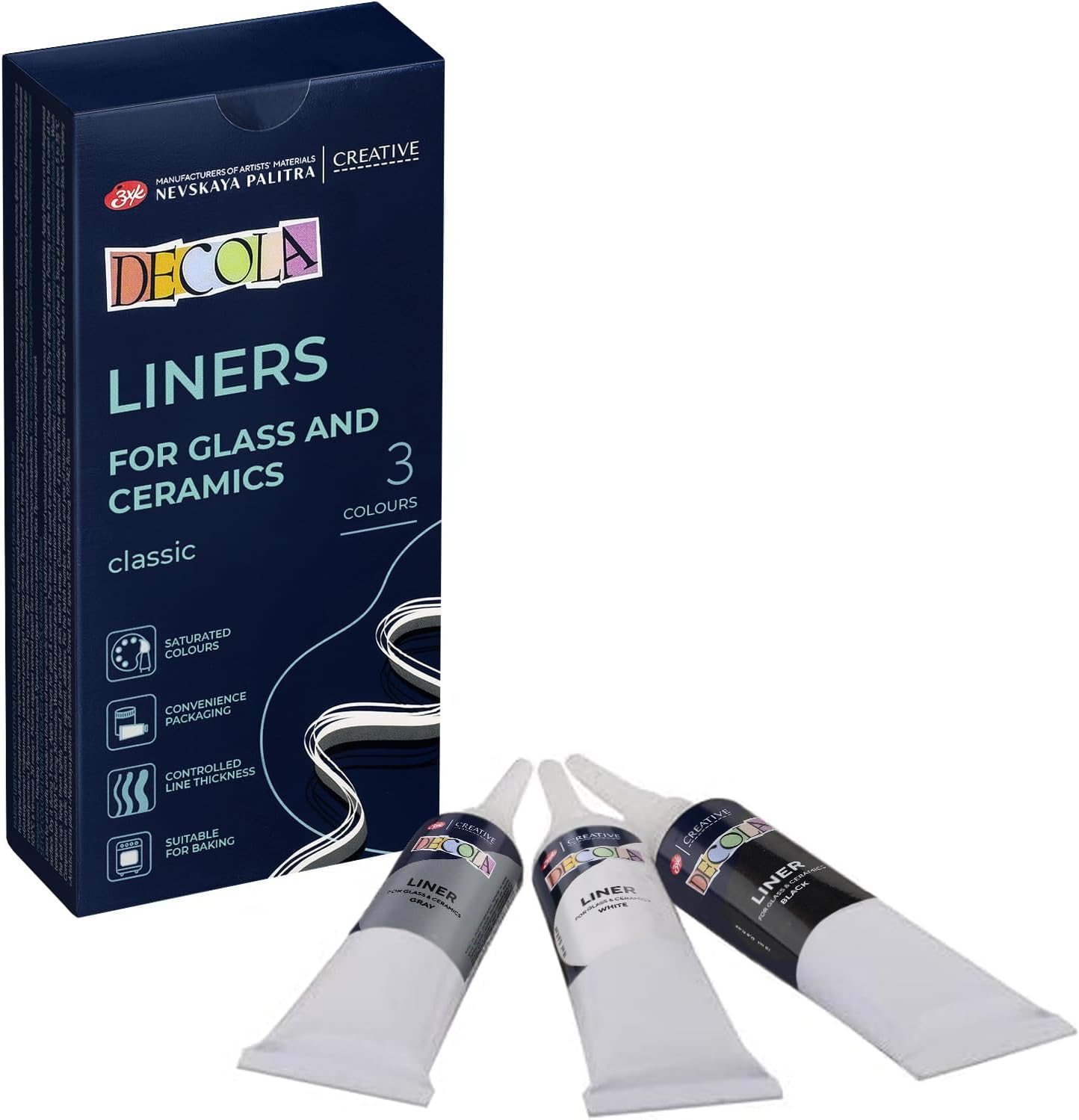 Decola Acrylic Liners - Water-Based 3 x 18 ml for Porcelain and Glass - White, Grey, and Black - Made by Nevskaya Palitra