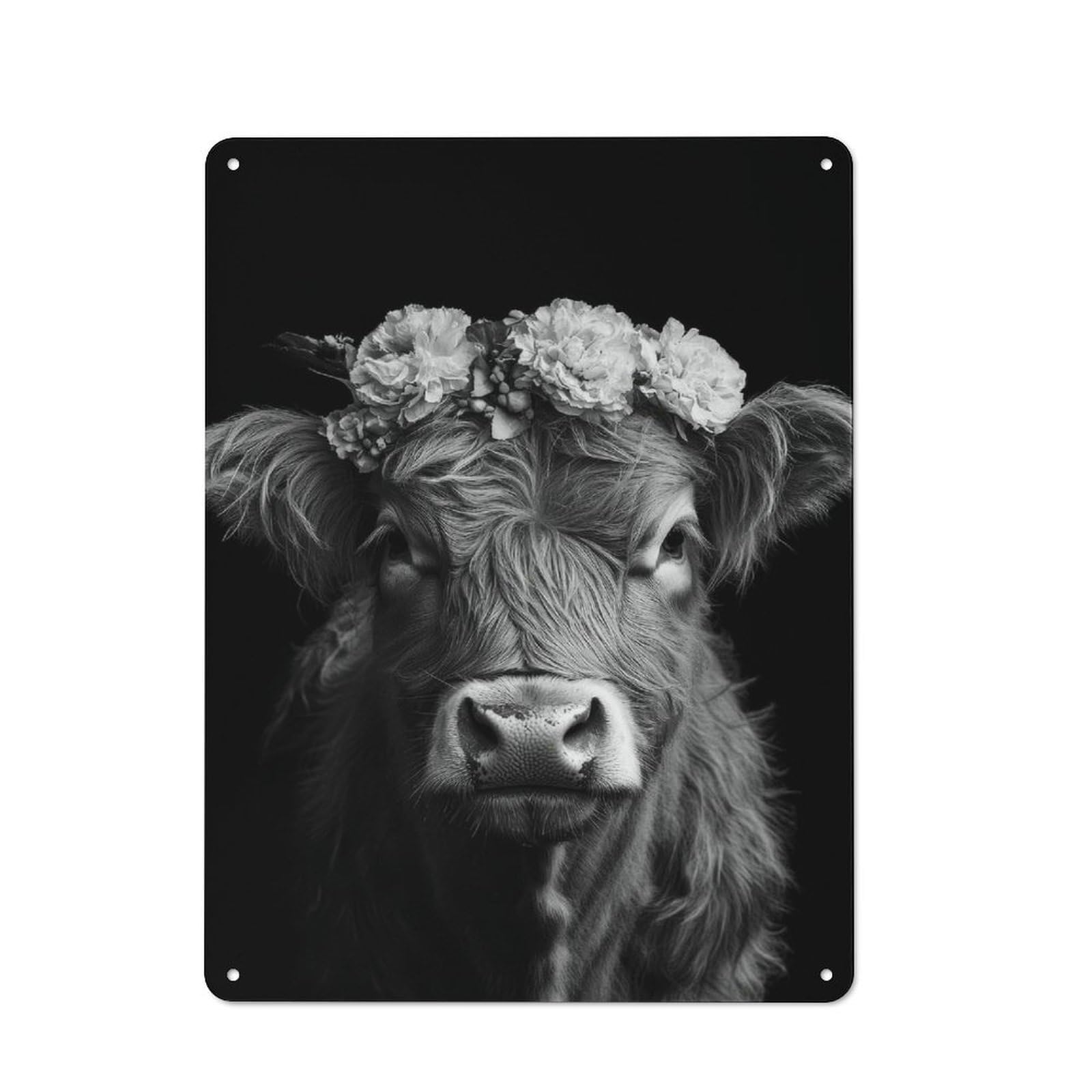 Junmoney Style-24 Highland Cow With Flower Crown Black And White Photo Portrait Vintage Metal Sign 40X30cm For Lounge Or Reading Corner, For A Room Refresh Centred On Metal Wall Decor