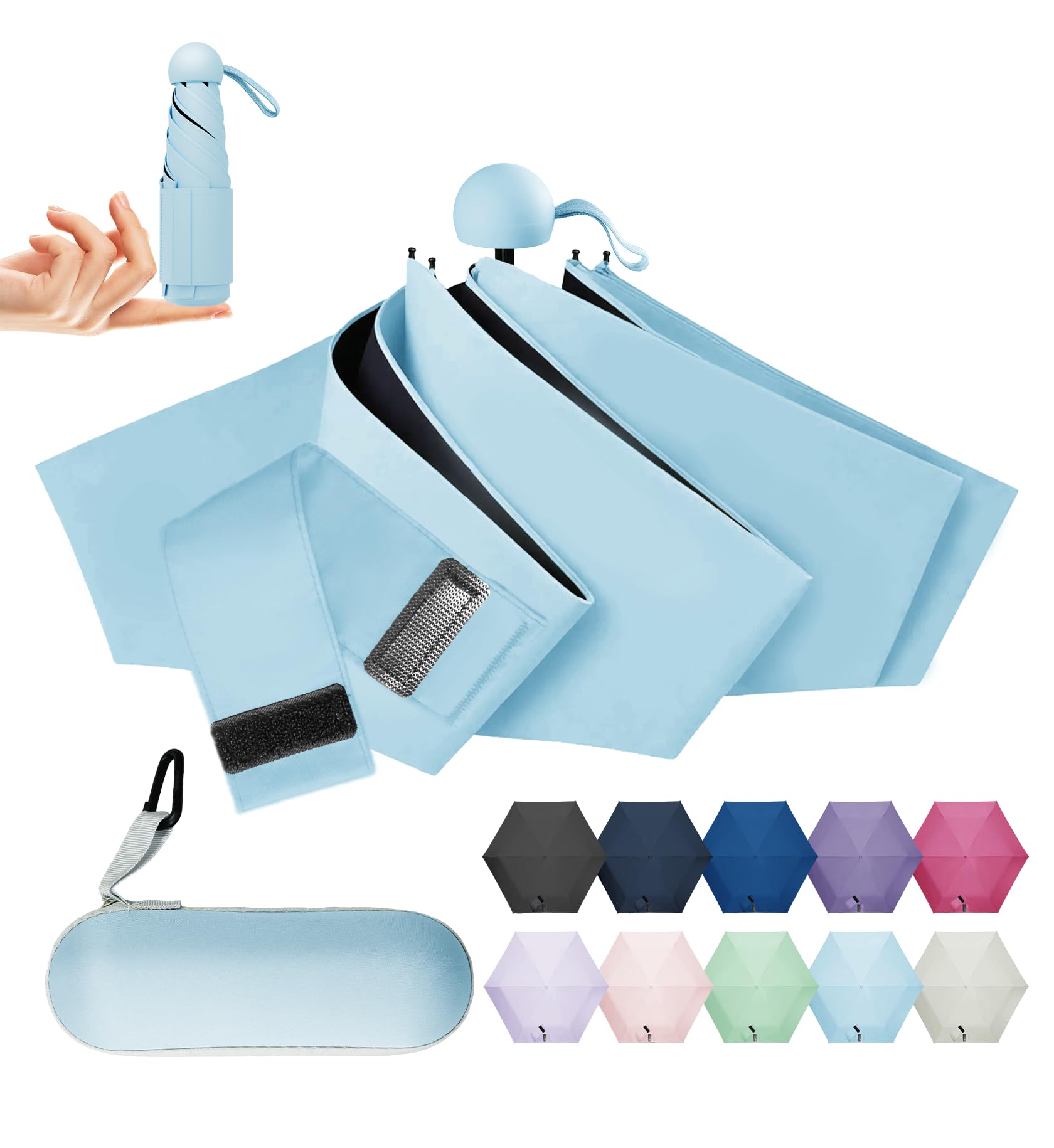 LILAC Mini Regenschirm Leicht & Kompakt, UPF 50+ UV-Schutz Taschenschirm für Damen Herren & Kinder, Kleiner Reiseschirm mit Hartschalen-Etui & Karabiner, 90cm Spannweite