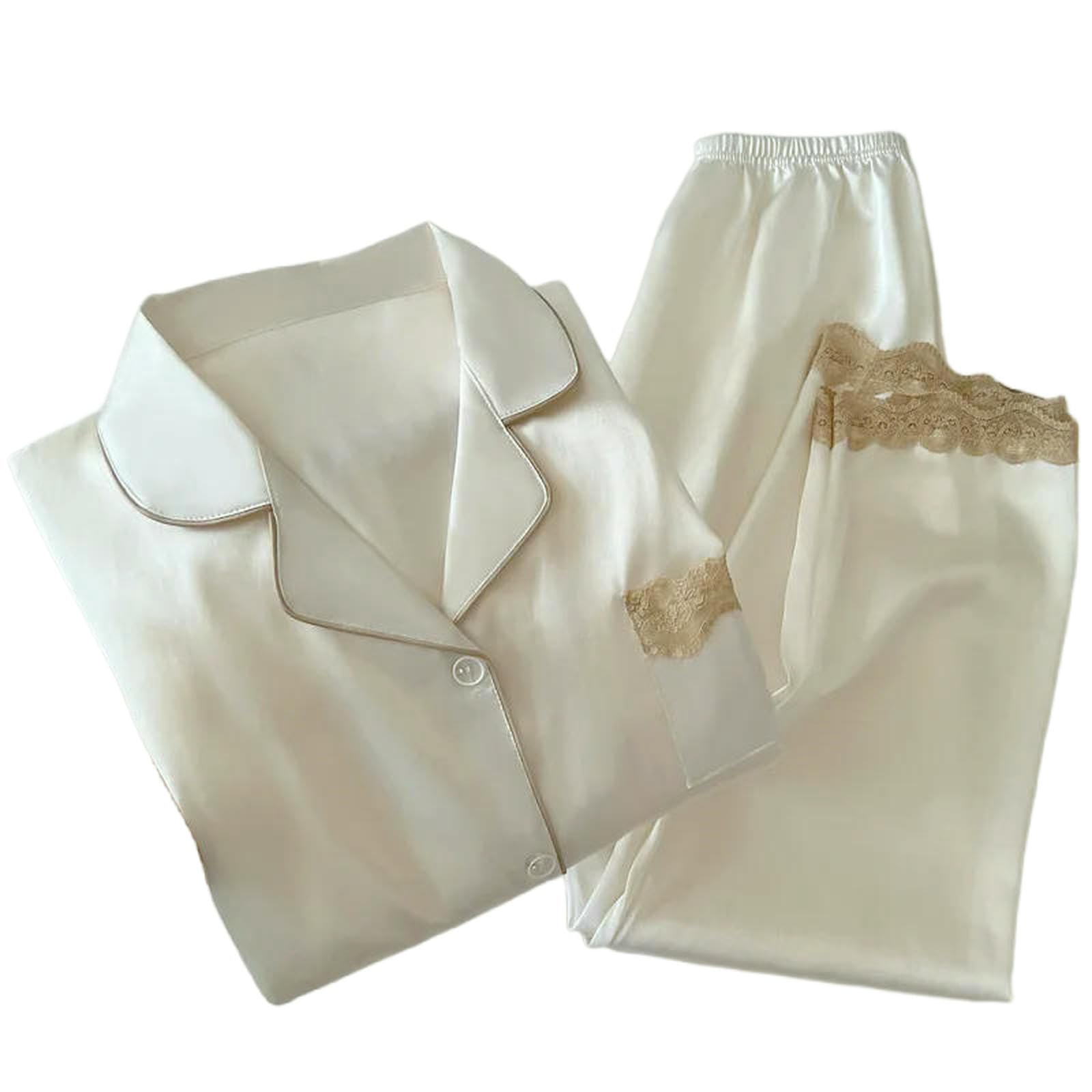 Pigiama Set di Indumenti da Notte Donna in Seta Ghiaccio Primavera Autunno con Bordi Pizzo E Maniche Lunghe-gg2371-l