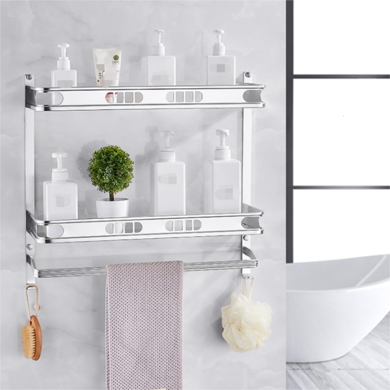 Mensole Bagno Cesto Portaoggetti per Doccia in Alluminio con Portasciugamani E Ganci per Bagno, Doppi Ripiani Accessori(Blue,Silver)