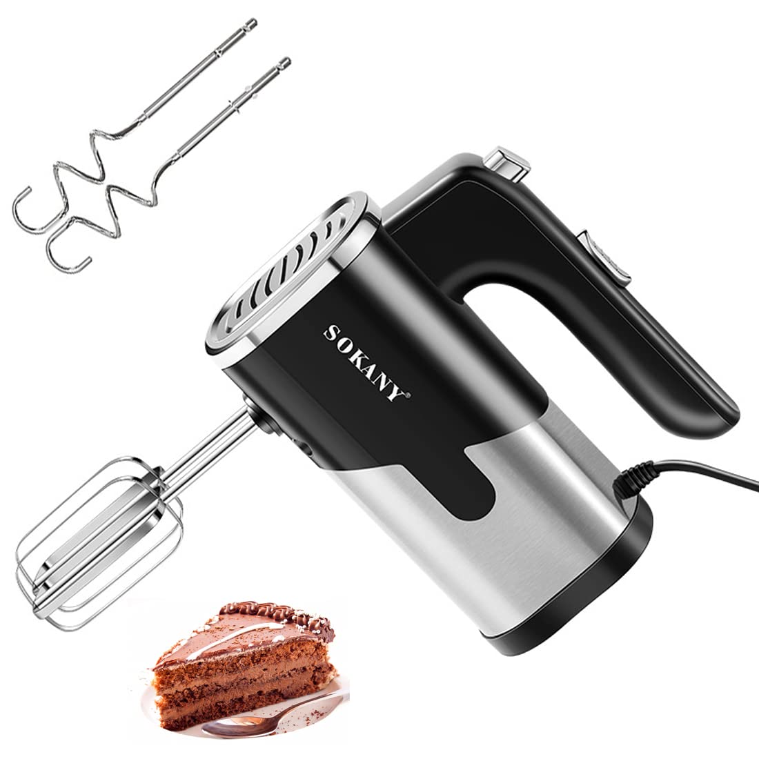 Black and silver SOKANY hand mixer pictured with two beaters and two dough hooks