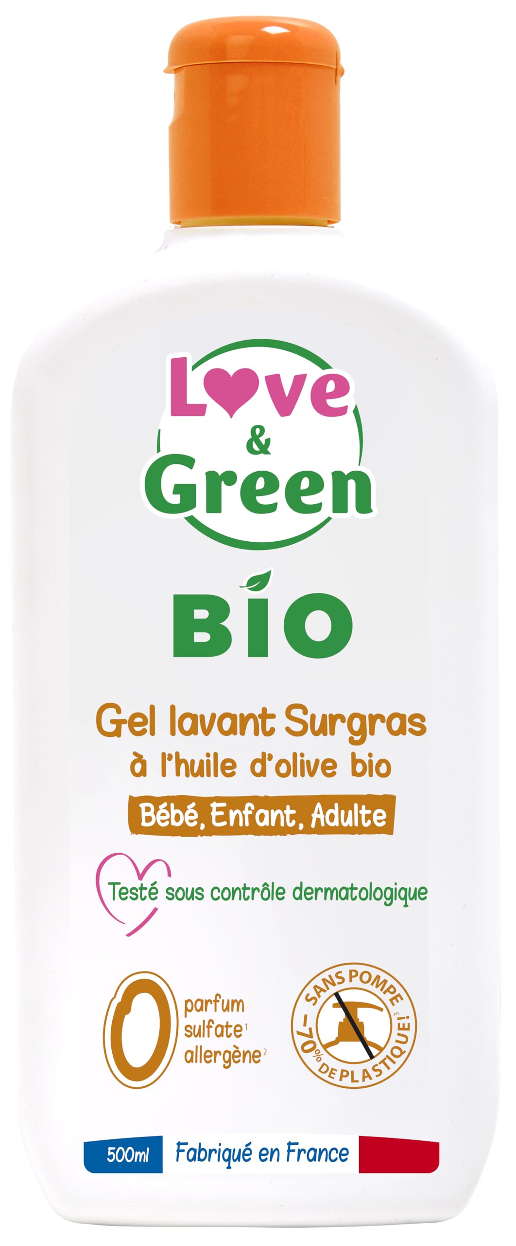 Love & Green - Gel Lavant Surgras Bio 500ml - Pour Toute la Famille - Hydratation Peau Sensible - Formule à base d’ingrédients purs-L'emballage de l'article peut varier.