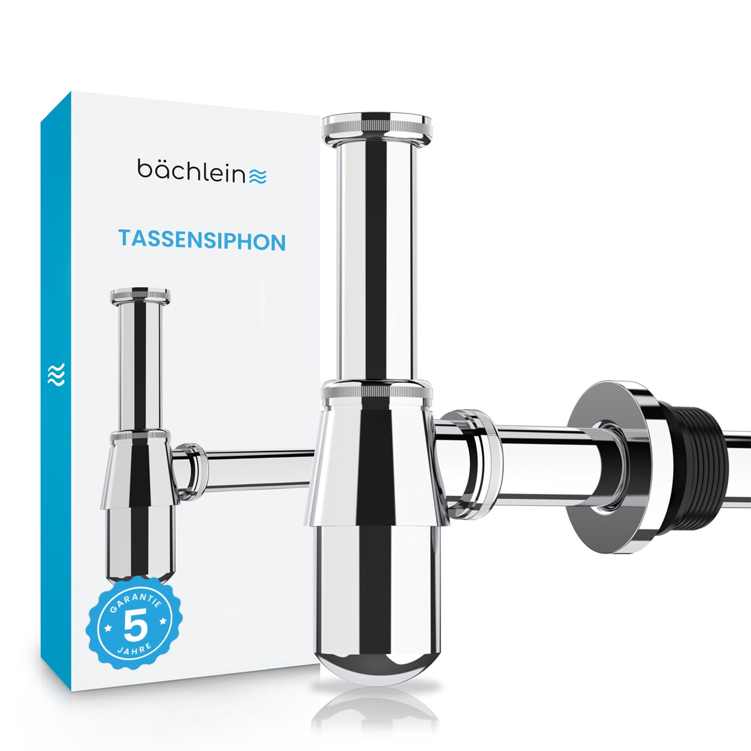 Bächlein Tassensiphon Universal für Waschbecken & Waschtisch (Chrom), Geruchsverschluss mit Reinigungsöffnung + Einbauanleitung - Designsiphon Ablaufgarnitur Flaschensiphon