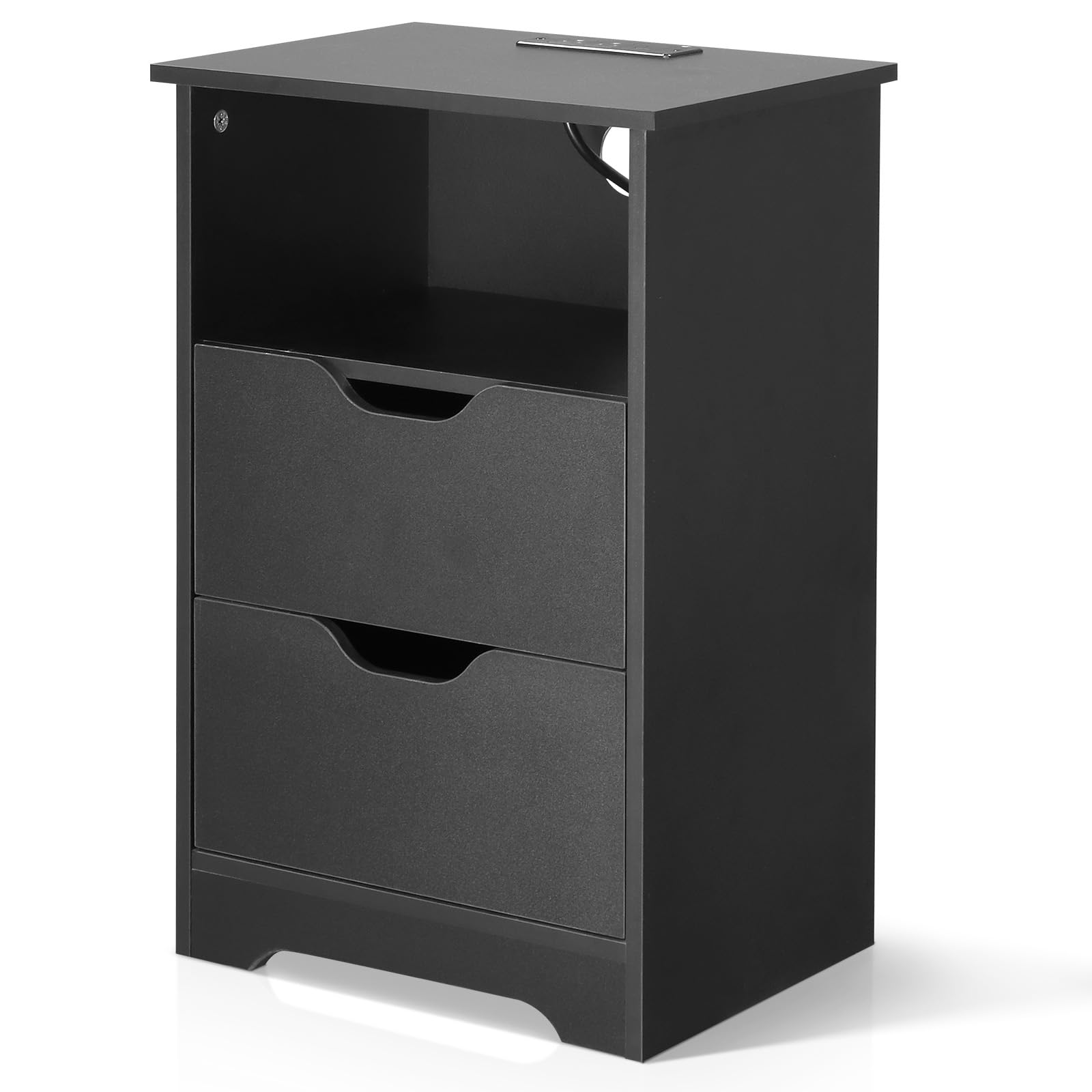 Bonnlo Bedside Table with Type-C, USB Port and 2 Sockets, Bedside Cabinet with Charging Station and 2 Drawers & Top Open Compartment, Smart Nightstand for Bedroom, Living Room, Office (1, Black)
