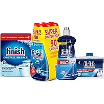 Finish Kit Lavastoviglie; Finish Powergel Detersivo Lavastoviglie Fresh 90 Lavaggi, Brillantante Regular 500ml, Curalavastoviglie regular 250ml, Cristalli di Sale 1kg