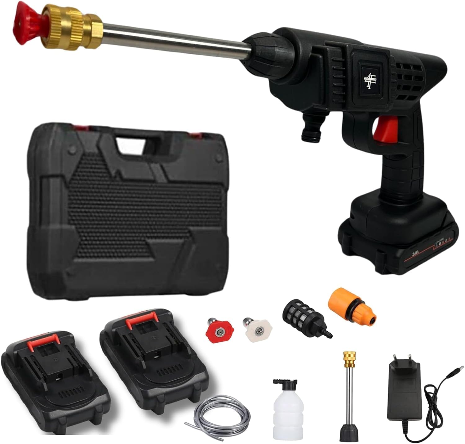 MayMax Hidrolimpiadora a Bateria Portatil 21V - Pistola de Agua a Presion sin Cable con 2 Baterias, 6 Boquillas, Maletin y Accesorios, para Coche, Jardin y Terraza