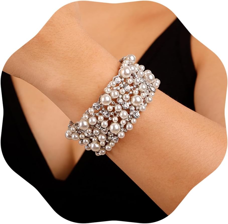 JWICOSWedding Bracelet for Brides Fashion Sparkly Pearl Rhinestone Deco Bracelet for Party Prom Pageant Bridesmaids Gift Bridal Bangle Jewelry for Women, freesize, Metal Silver Zinc Rhinestone