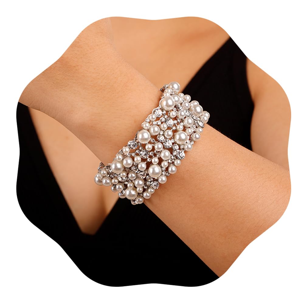 JWICOSWedding Bracelet for Brides Fashion Sparkly Pearl Rhinestone Deco Bracelet for Party Prom Pageant Bridesmaids Gift Bridal Bangle Jewelry for Women, freesize, Metal Silver Zinc Rhinestone