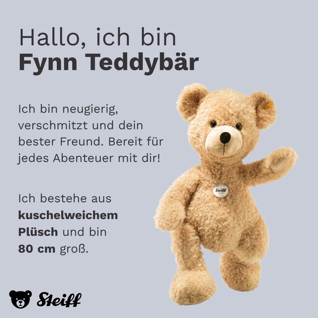 Steiff Kuscheltier Fynn Teddybär, Süßes Stofftier mit Kunststoffaugen, Kinder, Jungen & Mädchen, Friends, Plüschtier 80 cm, Beige, 111389