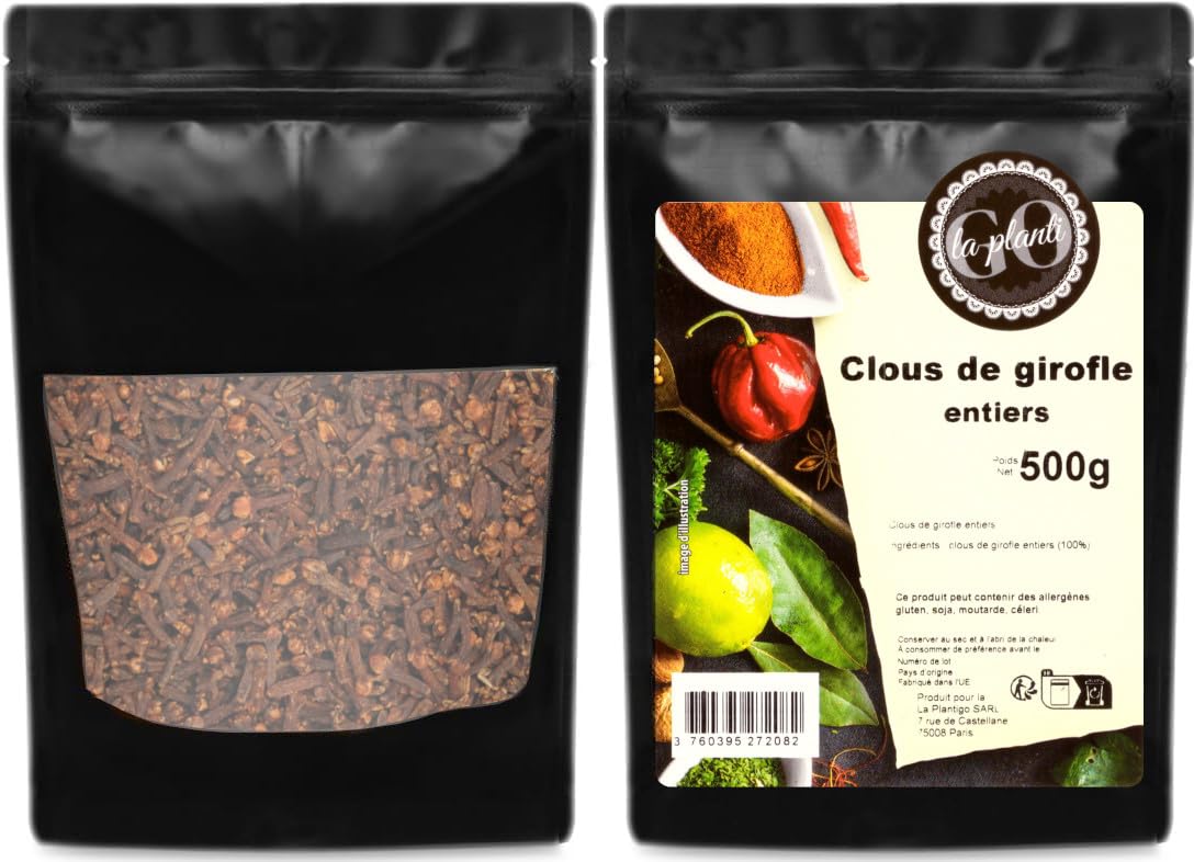 Clous de girofle entiers 500 g- LA PLANTIGO Un choix savoureux, Clous de Girofle Entier, Qualité Supérieure, Saveur Intense, Sachet avec Zip, Sans Colorant, Sans Additifs ni Conservateurs.