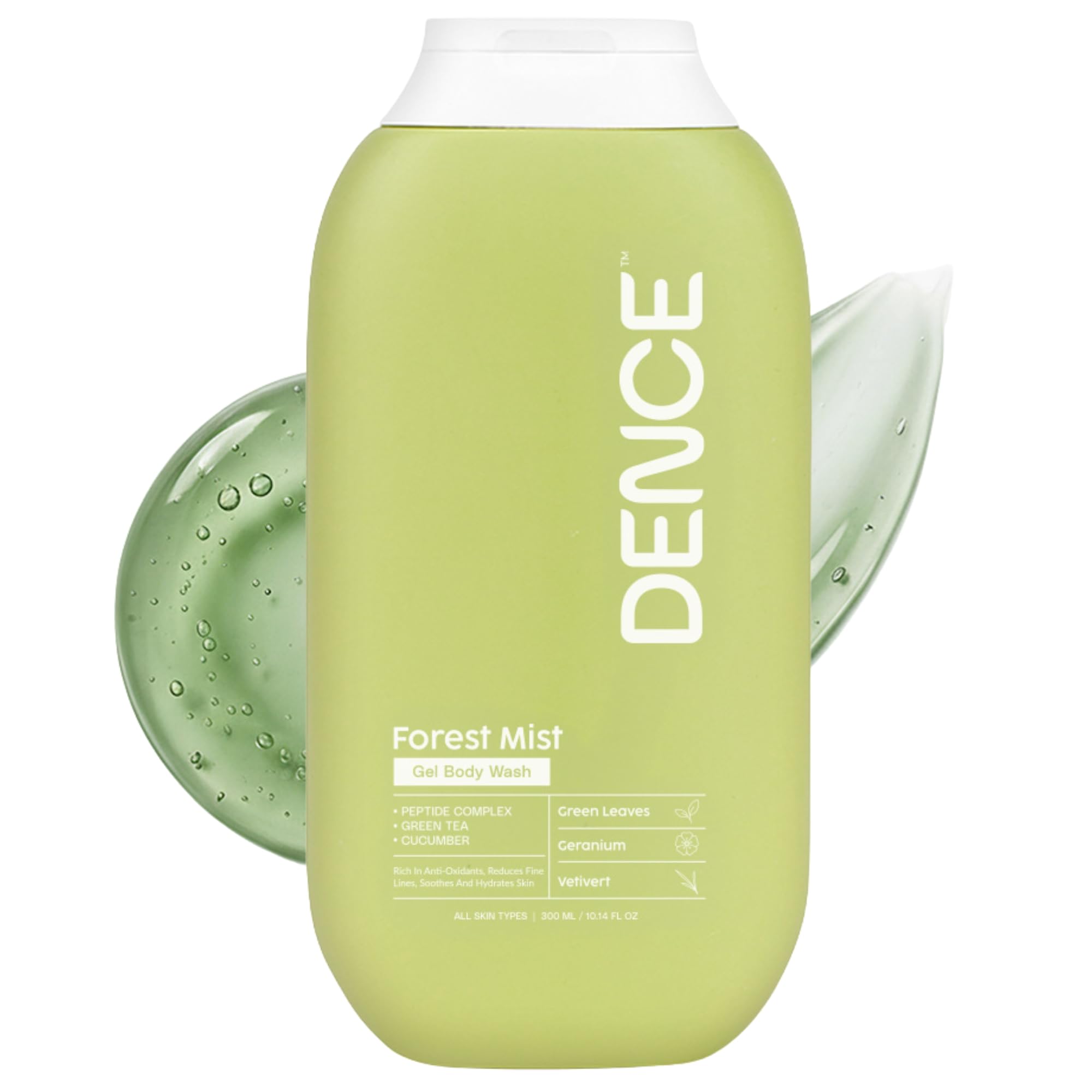 Dence Forest Mist Refreshing Gel Bodywash | Peptide Complex, Green Tea & Cucumber | Hydrates, Soothes & Reduces Fine Lines | Sulphate-Free, pH 5.5 Balanced | Green Leaves, Geranium & Vetiver | 300 ml-image-4
