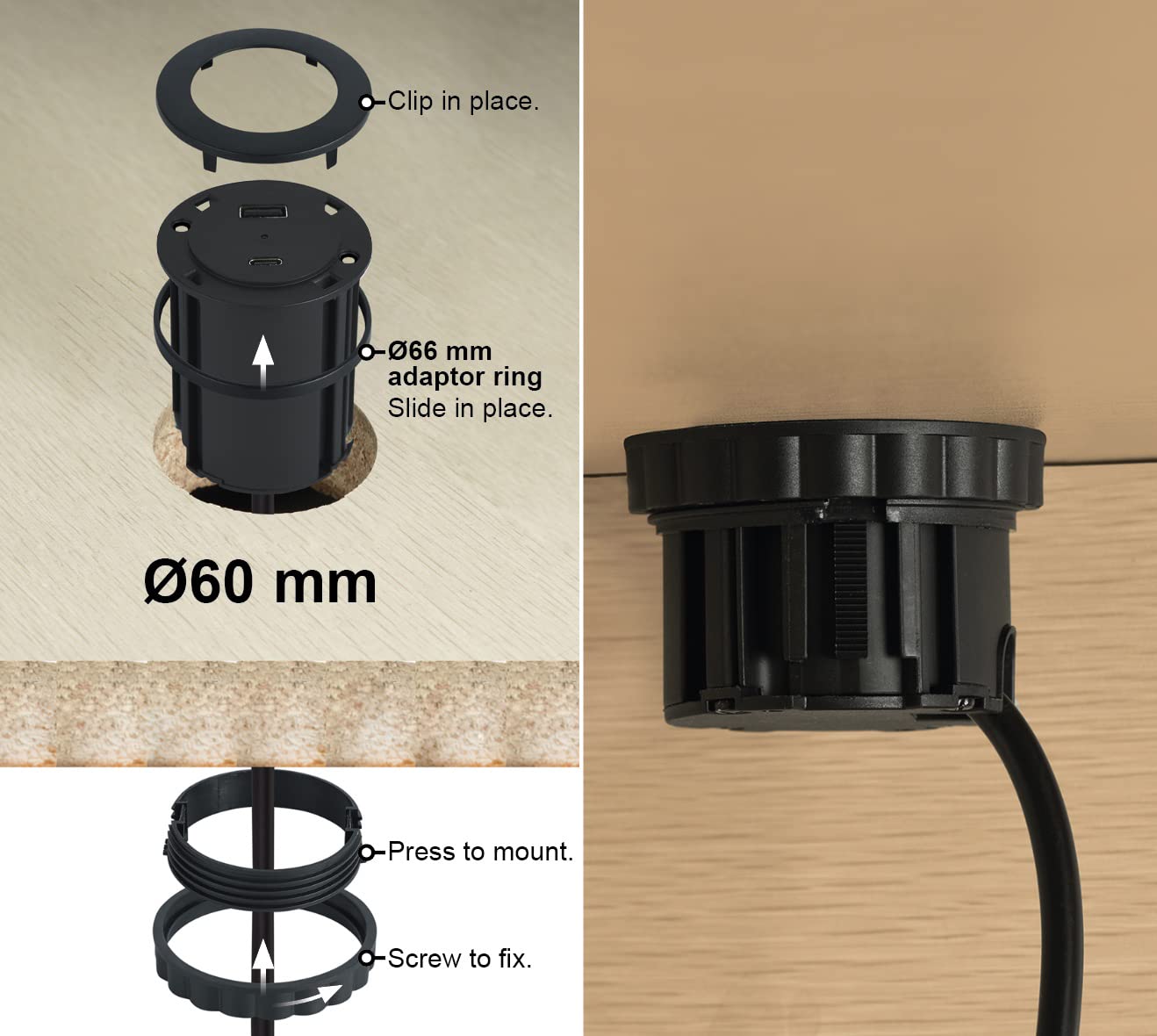 Electraline Tischplatte Grommet Einbausteckdose/Tischsteckdosenleiste/Tischsteckdose mit C Power Delivery zum Laden von Computern + 1 typ A 3.0A Q.C. 3M Kabel, D54-60mm, Schwartz, 2 USB (A+C) P.D. 45W