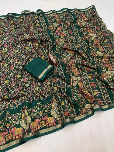 Image of Kalamkari Floral Prints Dola Silk Saree With Rich Zari Border Designer Pallu Attach Blouse Piece