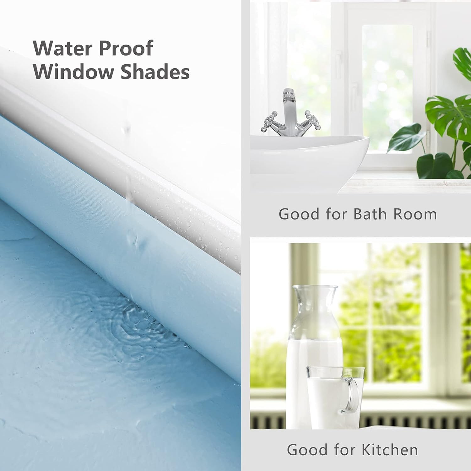 LETAU Kitchen Bathroom Waterproof Window Shades, Cordless 100% Blackout Waterproof Oilproof and Mildew Resistent, Provide Privacy and Easy Care Black Window Blinds